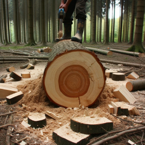 Baumfällarbeiten an einem frisch geschnittenen Baum im Wald. Der Baum liegt horizontal am Boden, und man kann deutliche Sägespuren und Holzsplitter um ihn herum sehen.